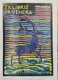 Macková Anna – Ex libris Fr. Venera, původní barevný dřevoryt, ca 1920