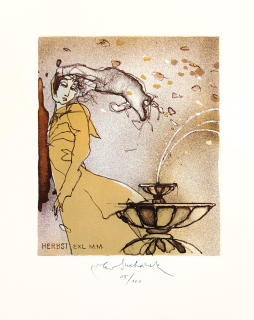 Suchánek Vladimír – Herbst, Ex libris M. M., původní barevná litografie, č. 15/100, nedatováno
