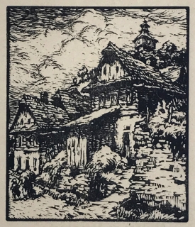 Horký František – Chalupy ze Štramberka, původní dřevoryt, ca 1920