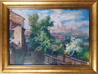 Procházka Jaro – Praha, pohled na Pražský hrad z Kampy, olej na kartonu, nedatováno