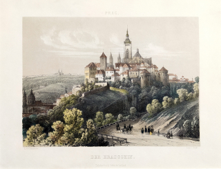 Praha – pohled na Pražský hrad, František Xaver Sandmann, původní staře kolorovaná litografie, 1840