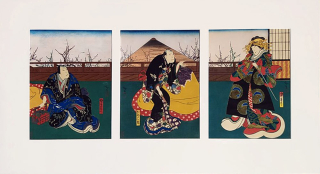 Hirosada, Konishi – Scéna z Kuruwa Bunsho, původní dřevořezy, triptych, 1850