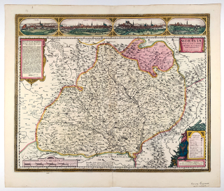 Morava – Komenského mapa Moravy, Nicolas Visscher, staře kolorovaný původní mědiryt, 1680