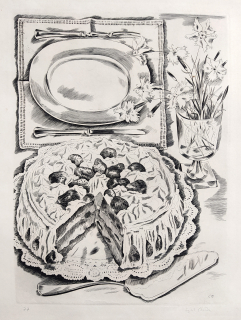 Bouda Cyril – Zátiší s dortem, původní mědiryt, číslováno 77/200, soupis díla č. 483, 1935