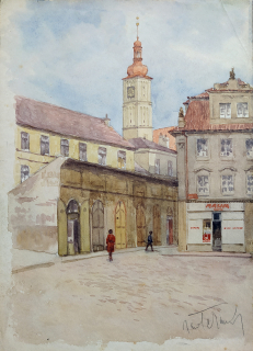 Praha – Kostel sv. Jakuba s klášterem a staroměstské masné krámy, malba akvarelem, ca 1930