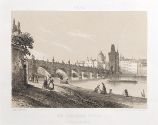 Praha – Karlův most a Staré Město, František Xaver Sandmann, původní litografie, ca 1860