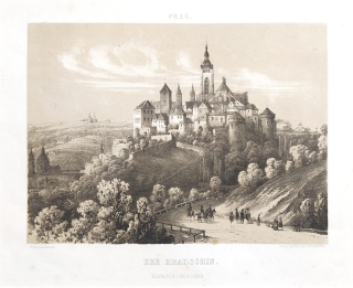 Praha – pohled na Pražský hrad, František Xaver Sandmann, původní litografie, 1860