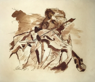 Stehno Jiří – Houslista, akvarelem kolorovaná kresba tuší, 1978