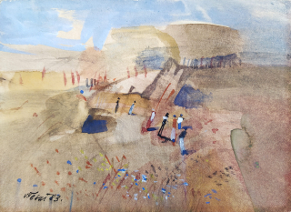 Tesař Vladimír – Figury v krajině, malba akvarelem, použito jako odeslaná pohlednice, 1983