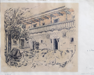 Vik Karel – Lidová architektura, kolorovaná kresba tuší, 1940