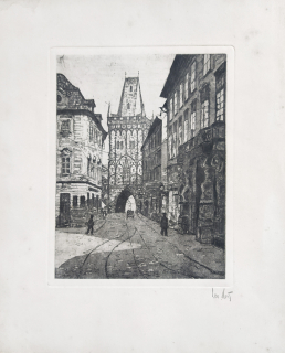 Horst Leo – Praha, Prašná brána a Celetná ulice, původní lept, ca 1930