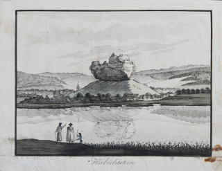 Jestřebí hrad – Fr. K. Wolf, A. Pucherna, částečně kolorovaný původní lept, 1798