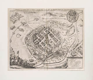 Plzeň – celkový pohled na město, M. Merian, původní mědiryt, 1650
