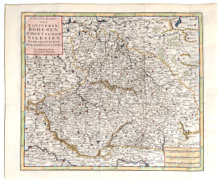 Čechy, Morava, Slezsko a Lužice – Isaak Tirion, původní staře kolorovaný mědiryt, ca 1740