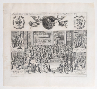 Praha – Korunovace císaře Ferdinanda II. českým králem v Praze 21. 6. 1617, původní mědiryt, 1617–1625
