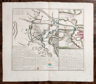 Praha – plán opevnění města 1742, Homannovi dědicové, staře kolorovaný původní mědiryt, 1743