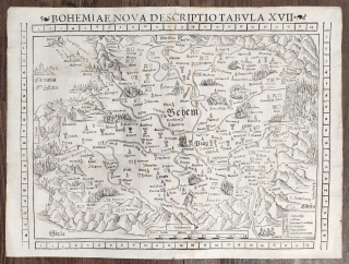 Čechy – Bohemiae Nova Descriptio Tabula XVII, Sebastian Münster, 1. vydání, původní dřevořez, Basilej, 1540