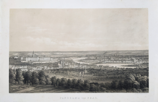 Praha – Panorama von Prag, Karl Waage, vydal Anton Seifert, tónovaná litografie, ca 1860