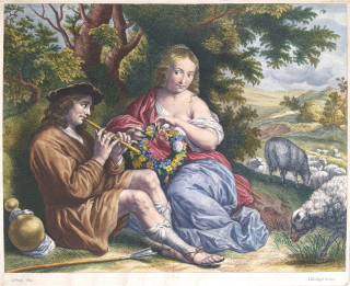 Pastýřský motiv – Abraham Bloteling, Govaert Flinck, kolorovaný mědiryt, ca 1670