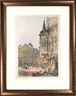 Praha – Staroměstská radnice, Prout Samuel, staře kolorovaná původní litografie, 1833