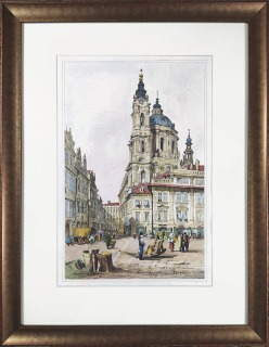 Praha – Kostel svatého Mikuláše na Malé Straně, Samuel Prout, staře kolorovaná původní litografie, 1833