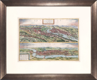 Praha a Cheb – Georg Braun & Franz Hogenberg, staře kolorovaný mědiryt, 1574