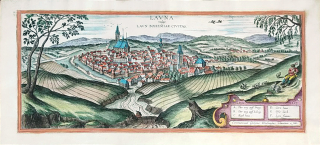 Louny – Georg Braun & Franz Hogenberg, staře kolorovaný mědiryt, 1574
