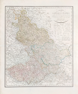 Morava a Slezsko – Charte von Schlesien und Maehren, F. L. Güssefeld, staře kolorovaný původní mědiryt, 1799