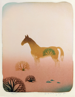 Velčovský Josef – Kůň v surrealistické krajině, původní barevná litografie, 1990
