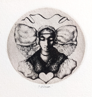 Jiřincová Ludmila – Dívka v plzeňském kroji, Ex libris V. O. (Vlasta Opatrná), původní zrnkový lept, 1975