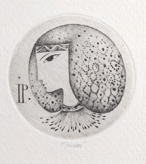 Jiřincová Ludmila – Dívka, Ex libris I. P. (Iva Prokopová), původní zrnkový lept a suchá jehla, nedatováno