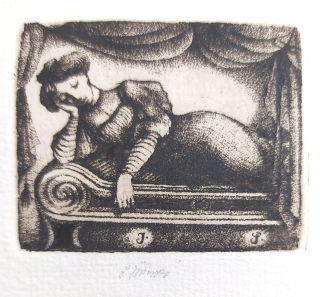 Jiřincová Ludmila – Ex libris J. S., původní zrnkový lept, 1981