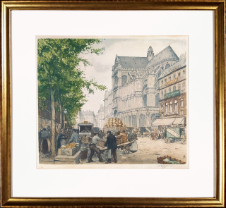 Šimon Tavík František – Tržnice Les Halles a kostel svatého Eustacha v Paříži, vernis mou a akvatinta, 1926