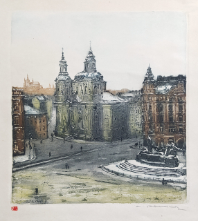 Röhling Vladislav – Praha, Staroměstské náměstí, barevný lept s akvatintou, ca 1925