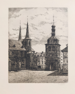 Kobliha František – Praha, Kostel a zvonice u sv. Petra na Poříčí, původní lept, 1940