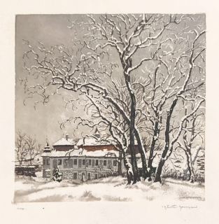 Stretti-Zamponi Jaromír – Zámek Molitorov v zimě, barevná akvatinta, autorský tisk, 1910–1920