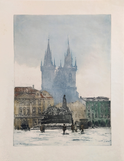 Röhling Vladislav – Praha, Staroměstské náměstí, barevný lept s akvatintou, ca 1925