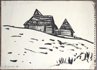 Sovák Pravoslav – Valašské koliby, malba tuší, 1949