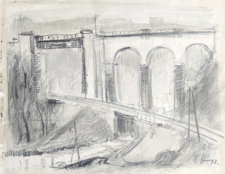 Hýsek Josef – Praha, Viadukt v Prokopském údolí, studie k obrazu, kresba tužkou, 1948