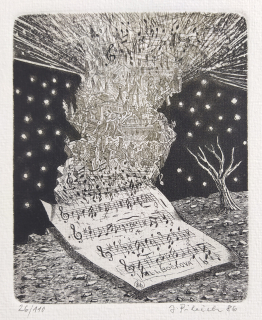 Pileček Jindřich – Hudba, Ex libris L. Bočková, původní lept, č. 26/110, 1986