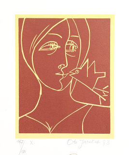 Janeček Ota – Dívka s ptáčkem, signovaný původní barevný linoryt, číslováno 85/200, 1983