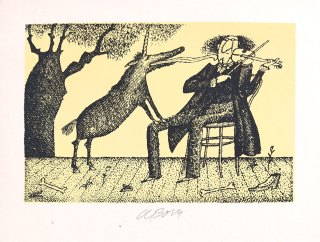 Born Adolf – Houslista, signovaná litografie se žlutým podtiskem, 1984