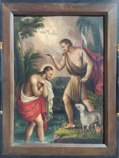 Křest Ježíše Krista v řece Jordán prorokem Janem Křtitelem – malba na plechu, 2. pol. 19. století