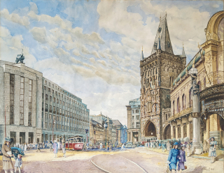 Paul F. – Praha, Na Příkopě s Prašnou bránou, malba, akvarel, kvaš, 1929