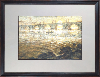 Masák Stanislav – Rybáři pod Karlovým mostem, Praha, malba olejovým pastelem, 1979