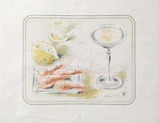 Bouda Cyril – Zátiší s krevetami a citronem, barevná litografie, ca 1943