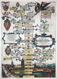 Vyobrazení posloupnosti českých panovníků – Staře kolorovaný původní mědiryt, 1608