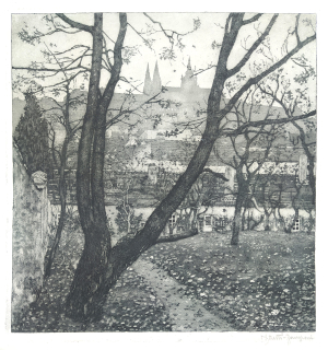 Stretti-Zamponi Jaromír – Podzimní Hradčany, původní lept s akvatintou, 1910