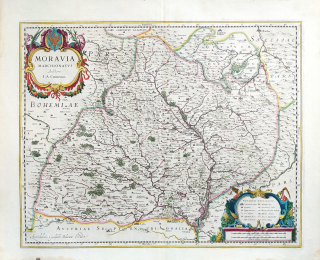 Morava – Komenského stará mapa Moravy, Willem Janszoon Blaeu, staře kolorovaný původní mědiryt, 1630