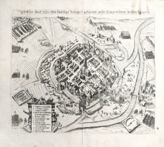 Plzeň – Dobývání Plzně stavovskými vojsky v čele s P. Arnoštem II. Mansfeldem, G. Keller, mědiryt, (1619) 1627
